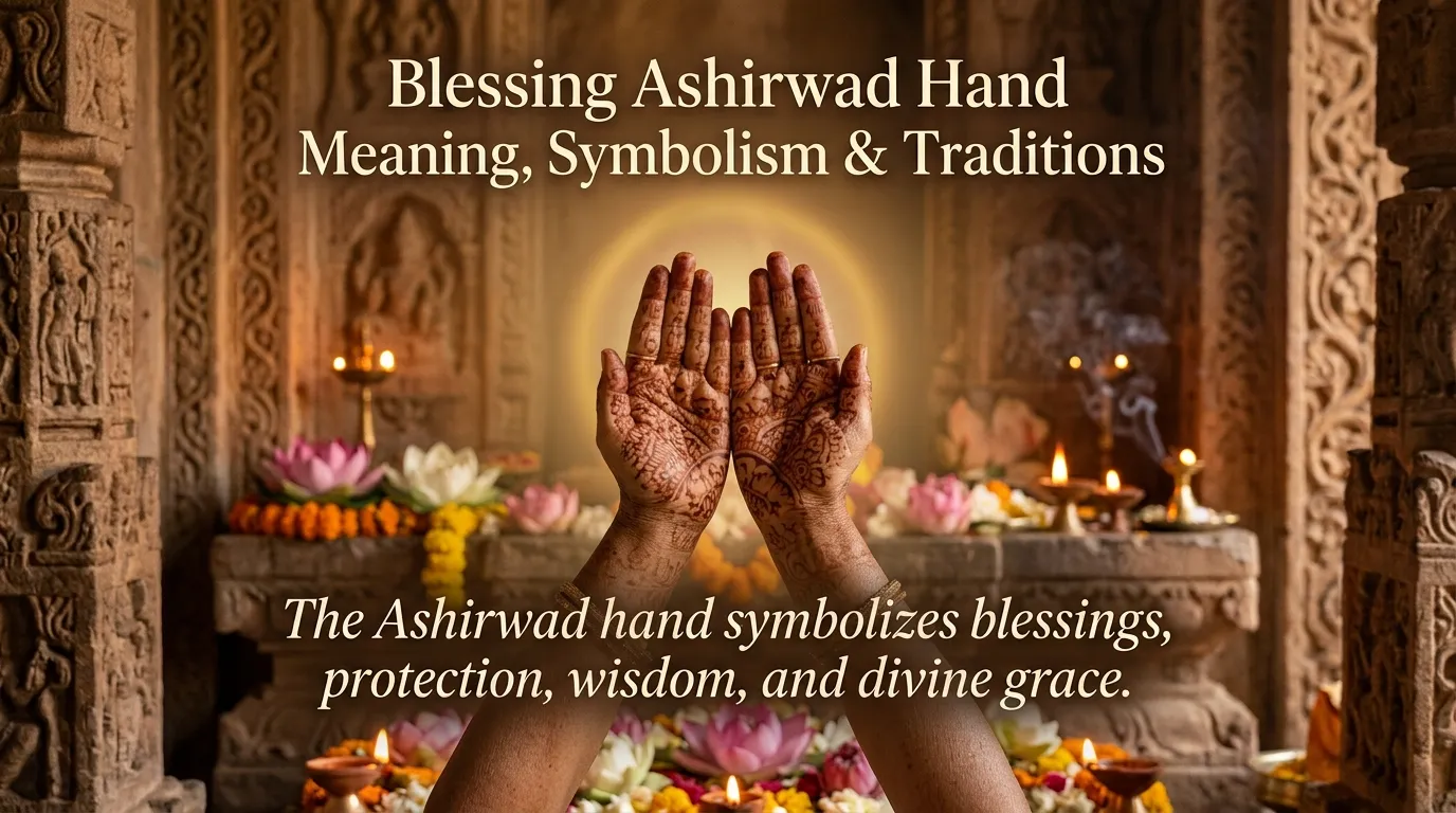 A peaceful spiritual background featuring a traditional Ashirwad blessing hand with a soft golden halo, blooming lotus flowers, glowing oil lamps, warm temple-inspired setting, serene atmosphere, subtle divine light rays, cinematic lighting, ultra realistic, 4k resolution, soft glow effects, centered composition, space for elegant text overlay Top text: "Common Blessing Messages Inspired by Ashirwad" Center text: "May your life be filled with health, happiness, peace, and endless blessings."